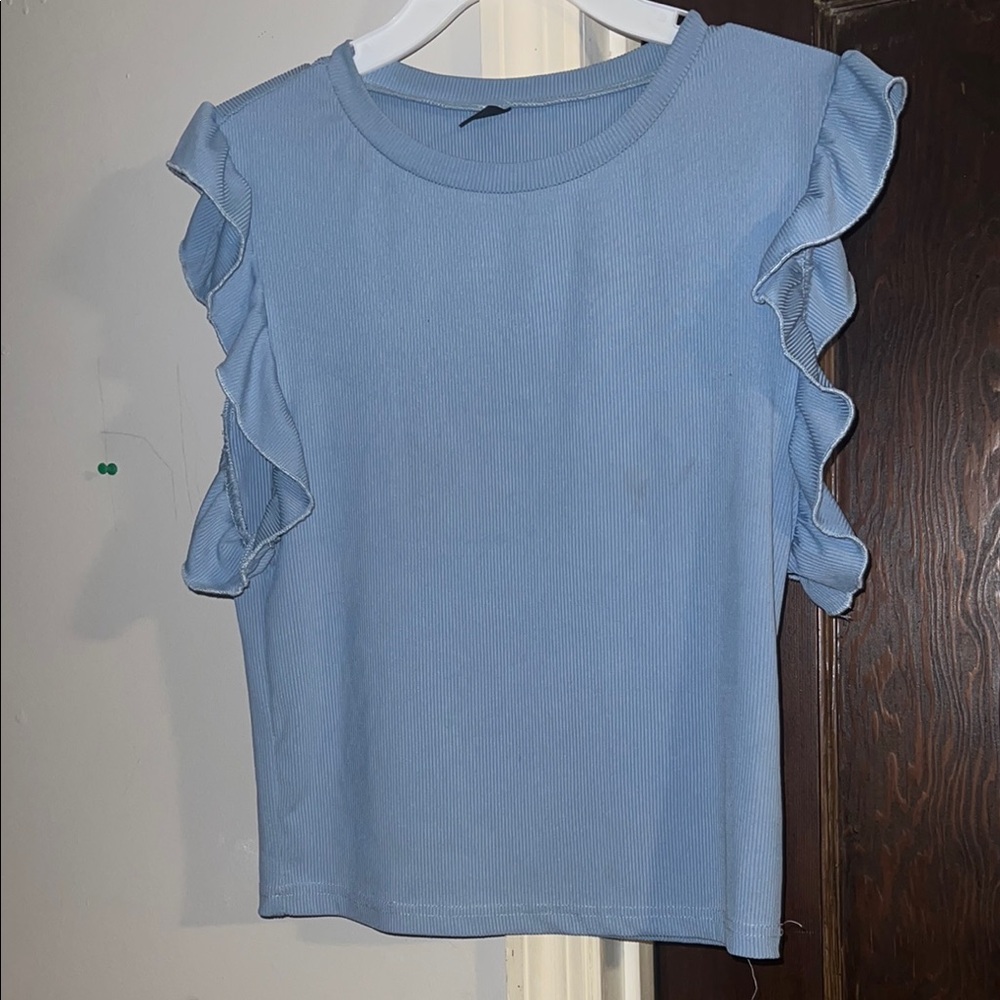 Blue Flutter Sleeve Ruffled Blouse